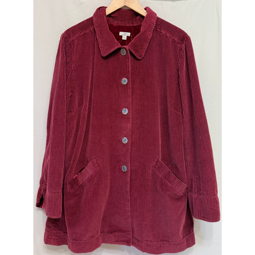 J. Jill Women's Corduroy Jacket Maroon Velvet Trim Button Front Chore Coat XL